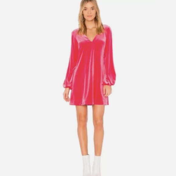 Free People Hot Pink MISHA Mini Dress Velvet Long Sleeve V-Neck - Picture 3 of 14